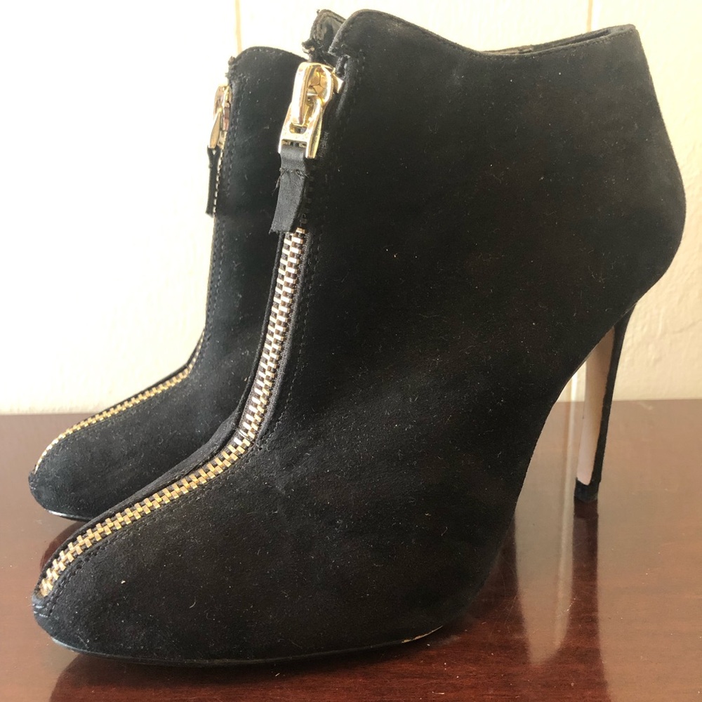 ZARA EUR Sz 40 Black Suede Stiletto Ankle Boots with Gold Front Zippers